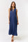 Navy Pleated Double Front Tie Sleeveless Midi Dress