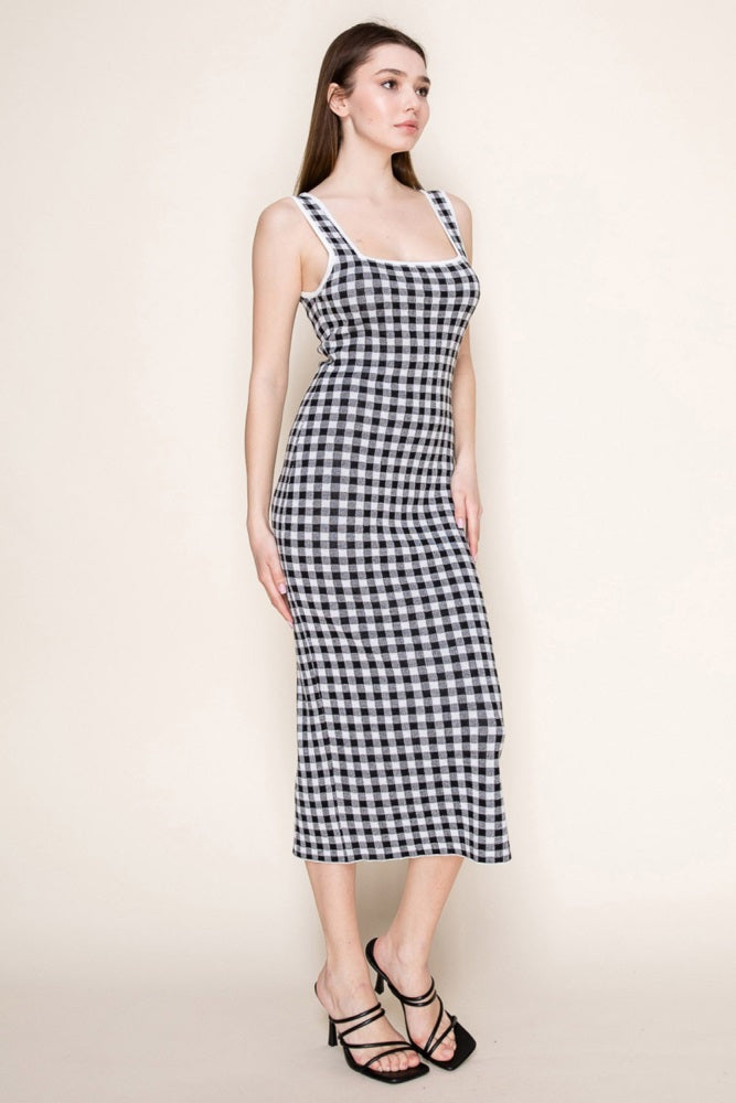 White Gingham Knit Square Neck Sleeveless Midi Dress