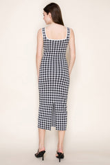 White Gingham Knit Square Neck Sleeveless Midi Dress