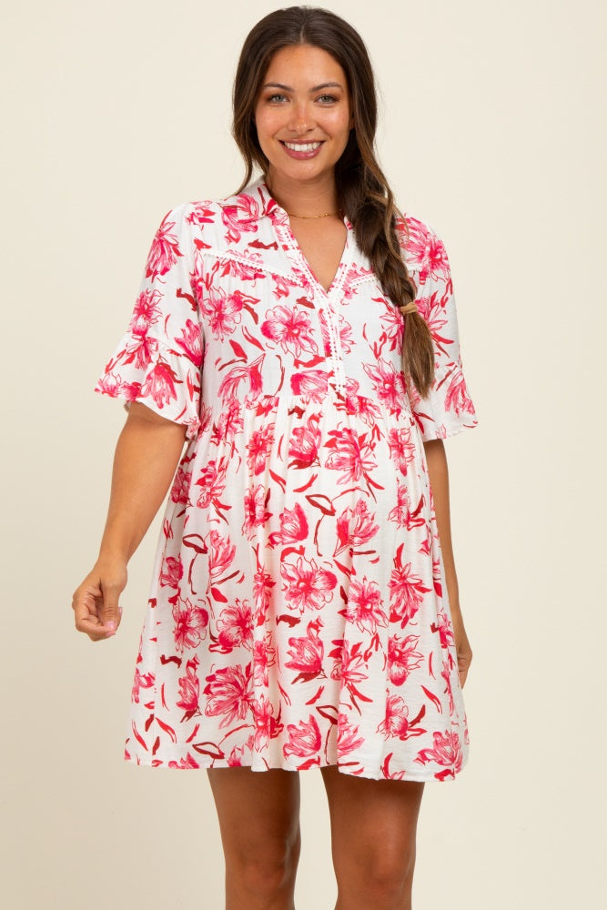 Red Floral V-Neck Crochet Trim Maternity Dress