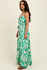 Green Floral Tiered Sleeveless Sash Tie Maxi Dress