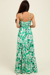 Green Floral Tiered Sleeveless Sash Tie Maxi Dress