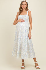 Light Blue Smocked Cotton Floral Sleeveless Maternity Maxi Dress