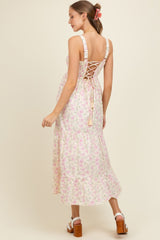 Light Pink Smocked Cotton Floral Sleeveless Maternity Maxi Dress