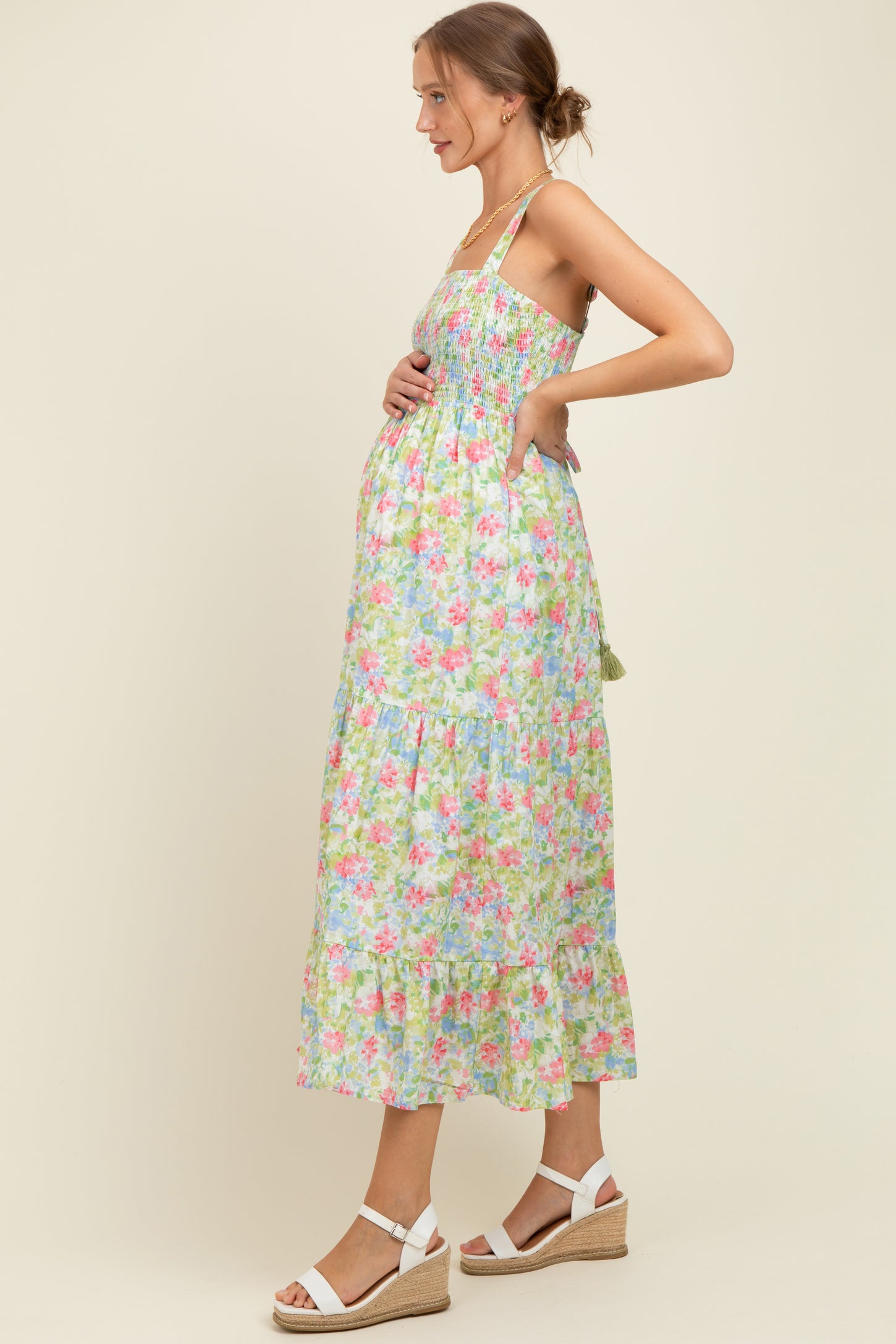 Multi Color Smocked Cotton Floral Sleeveless Maternity Maxi Dress