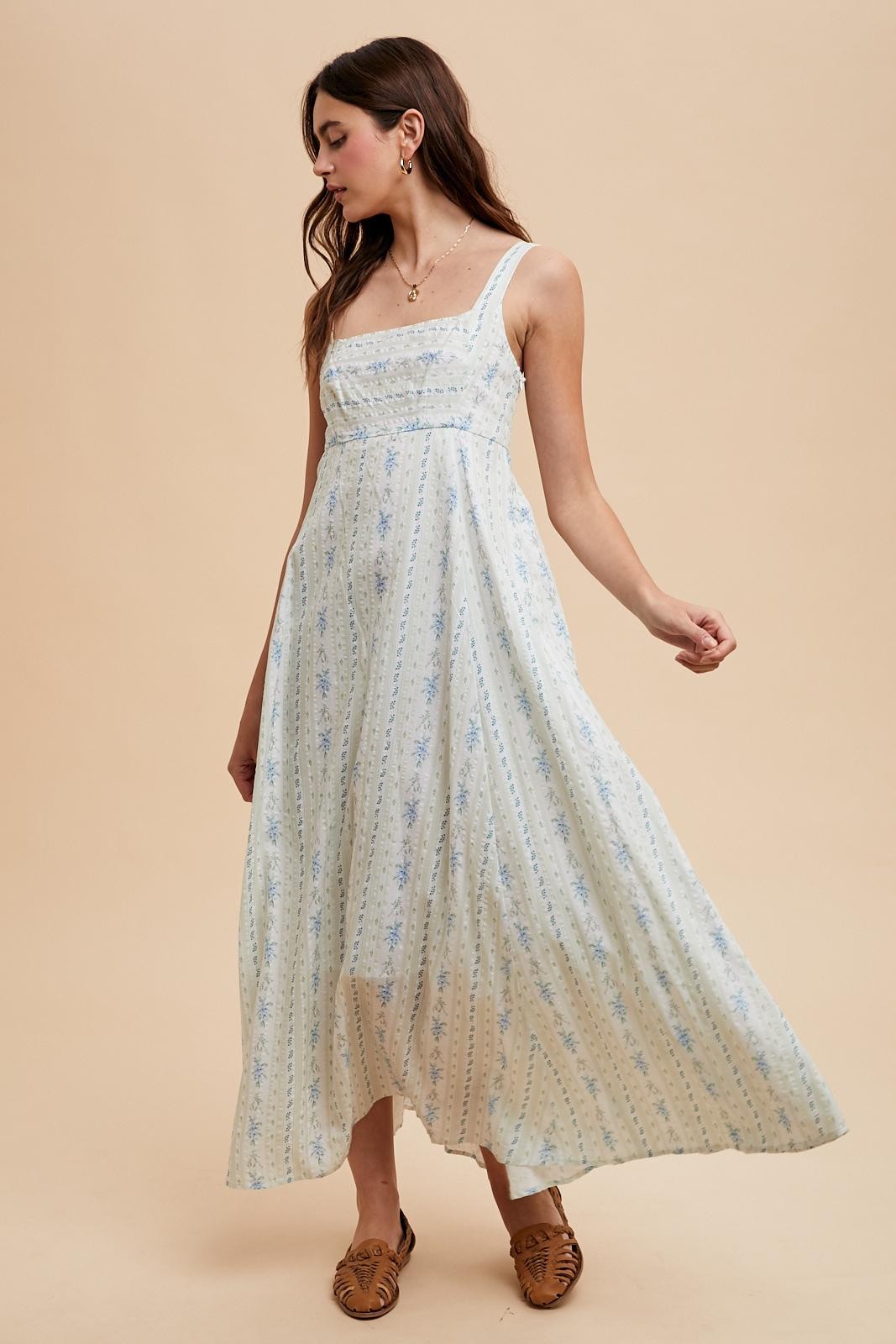 Light Blue Cotton Floral Square Neck Sleeveless Maxi Dress