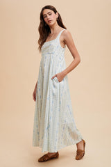 Light Blue Cotton Floral Square Neck Sleeveless Maxi Dress