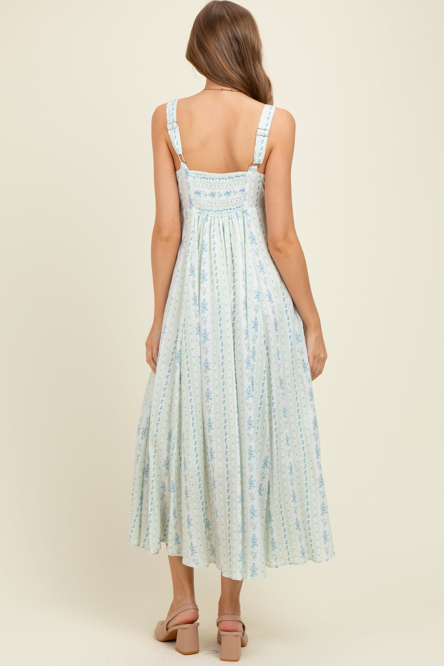 Light Blue Cotton Floral Square Neck Sleeveless Maternity Maxi Dress