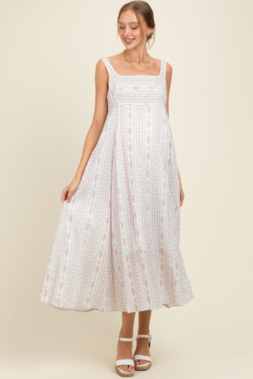 Light Gray Cotton Floral Square Neck Sleeveless Maternity Maxi Dress