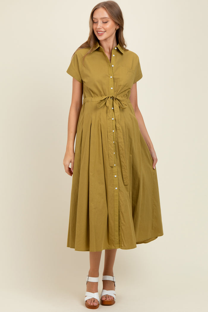 Olive Button Down Shirt Maternity Maxi Dress