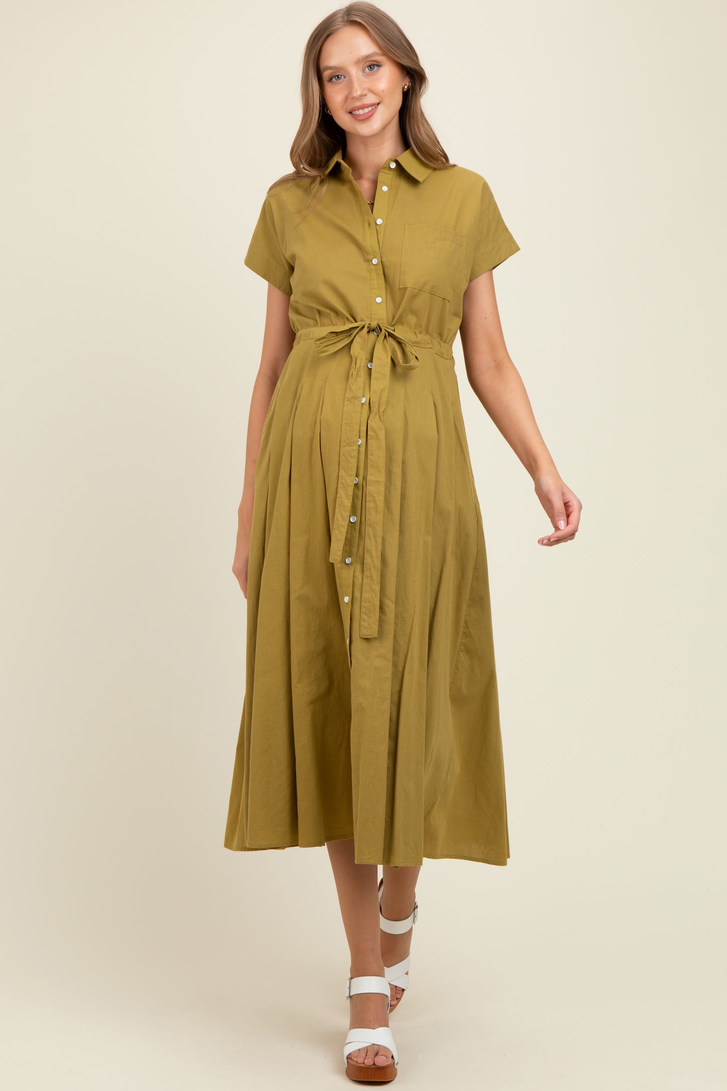 Olive Button Down Shirt Maternity Maxi Dress