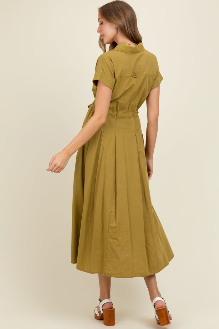 Olive Button Down Shirt Maternity Maxi Dress