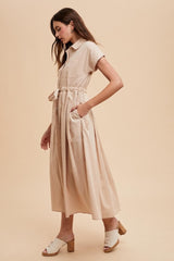 Beige Button Down Shirt Maxi Dress