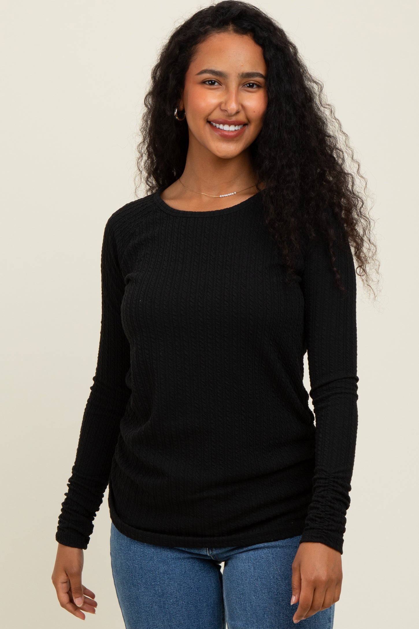 Black Solid Ribbed Ruched Long Sleeve Top