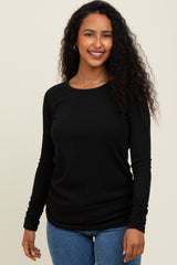 Black Solid Ribbed Ruched Long Sleeve Top