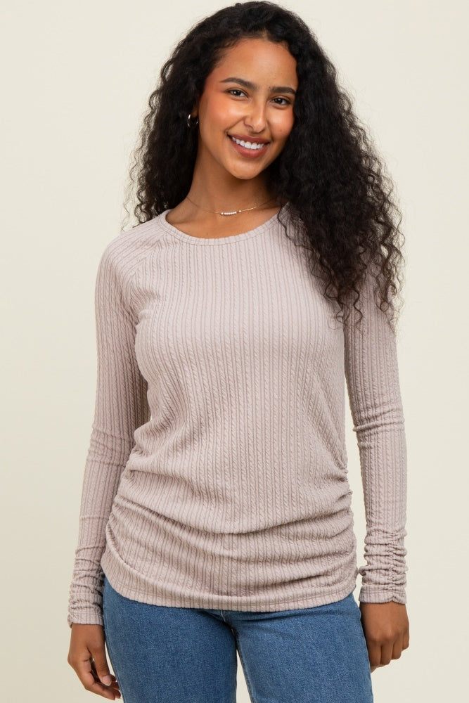Mocha Solid Ribbed Ruched Long Sleeve Maternity Top