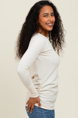 Ivory Solid Ribbed Ruched Long Sleeve Top