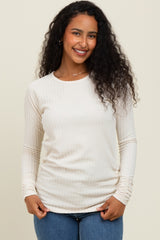 Ivory Solid Ribbed Ruched Long Sleeve Maternity Top
