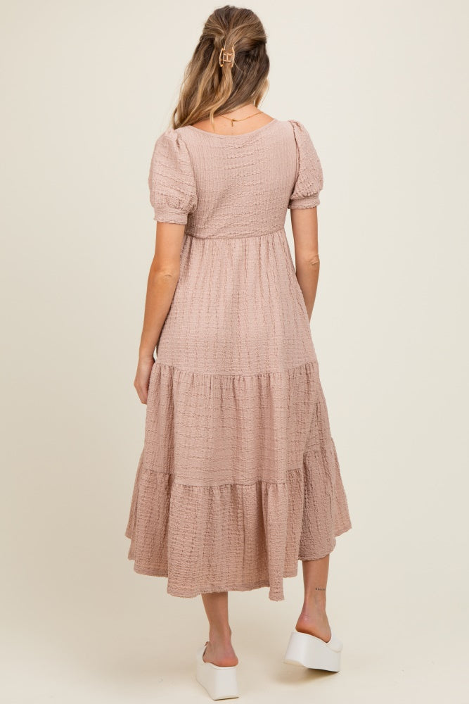 Mocha Solid Textured Tiered Shirt Sleeve Maternity Maxi Dress