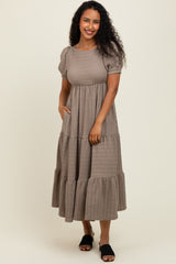Taupe Solid Textured Tiered Shirt Sleeve Maxi Dress