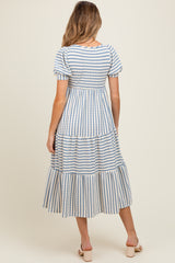 Cream/Blue Striped Short Sleeve Tiered Maternity Maxi Dress