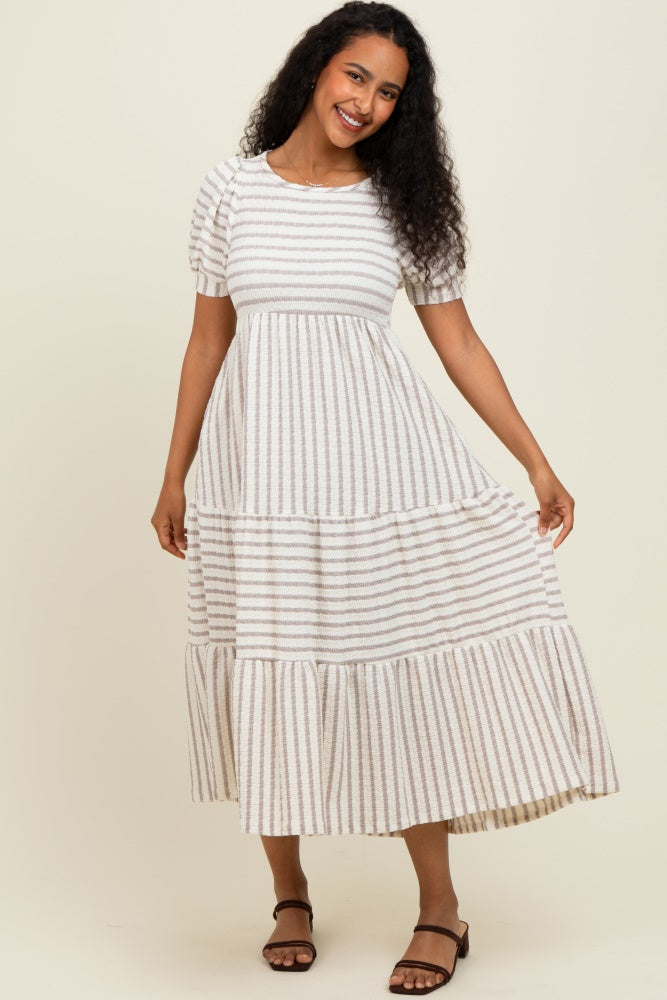 Cream/Taupe Striped Short Sleeve Tiered Maxi Dress