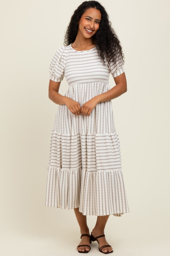 Cream/Taupe Striped Short Sleeve Tiered Maxi Dress