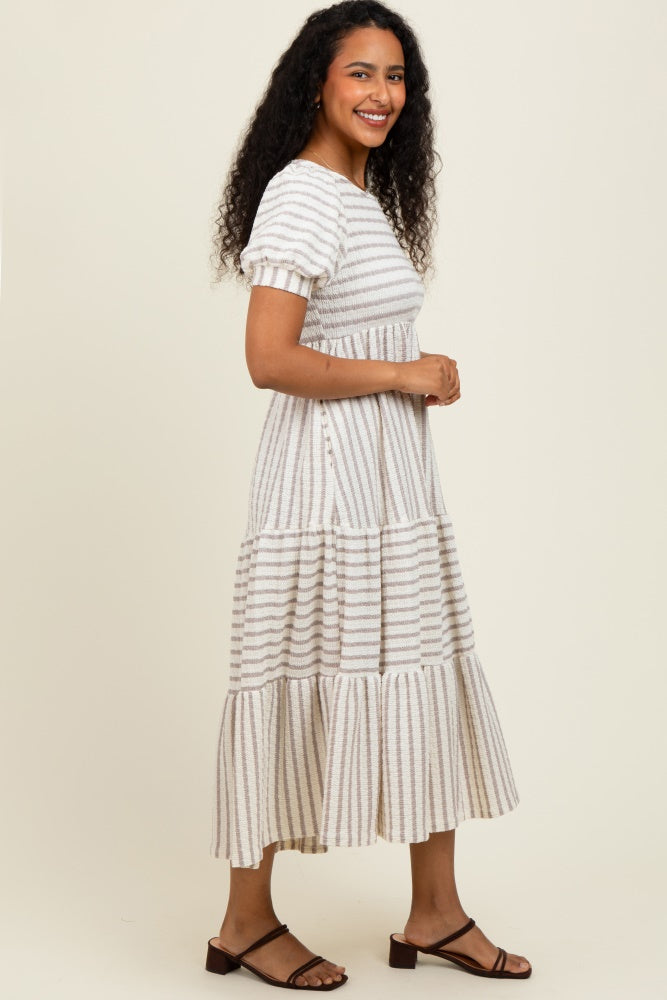 Cream/Taupe Striped Short Sleeve Tiered Maxi Dress