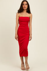 Red Fitted Tube Knit Midi Dress