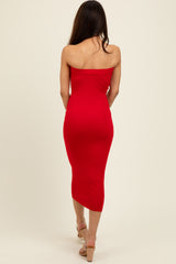 Red Fitted Tube Knit Midi Dress