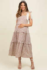 Cream Tie Shoulder Detail Floral Maternity Midi Dress