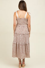 Cream Tie Shoulder Detail Floral Maternity Midi Dress