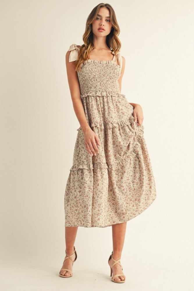 Cream Tie Shoulder Detail Floral Midi Dress