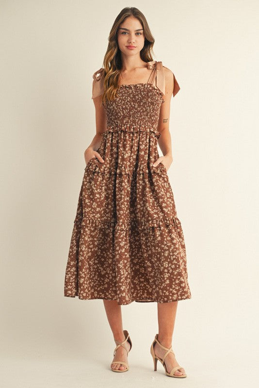Brown Tie Shoulder Detail Floral Midi Dress