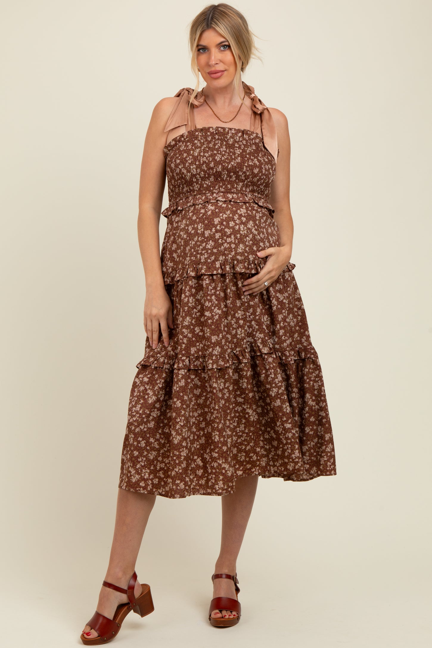 Brown Tie Shoulder Detail Floral Maternity Midi Dress