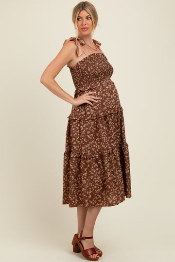 Brown Tie Shoulder Detail Floral Maternity Midi Dress