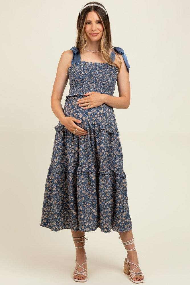 Navy Tie Shoulder Detail Floral Maternity Midi Dress