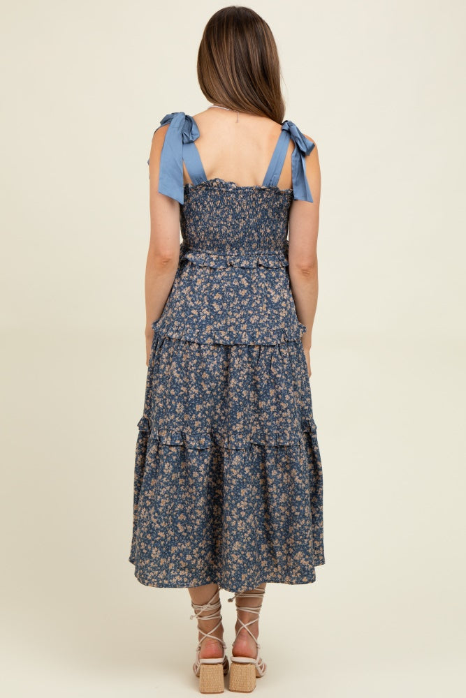 Navy Tie Shoulder Detail Floral Maternity Midi Dress