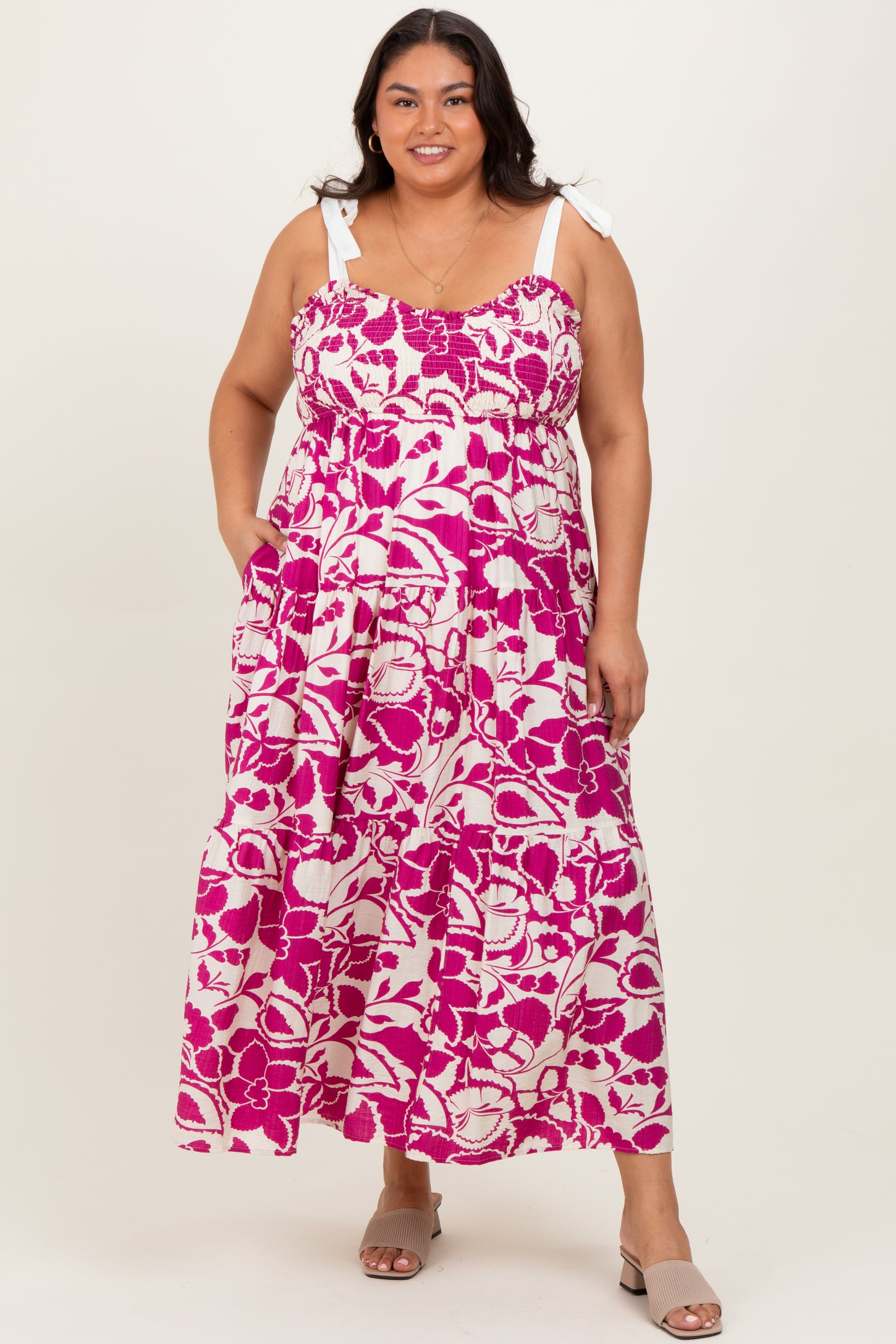Fuchsia Floral Print Smocked Plus Maxi Dress