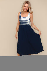 Navy Striped Fit And Flare Sleeveless Plus Midi Dress