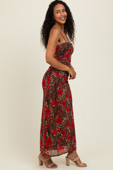 Brown Leopard Floral Mesh Ruched Sleeveless Maxi Dress