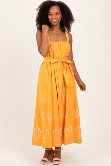 Orange Embroidered Sleeveless Sash Tie Maxi Dress
