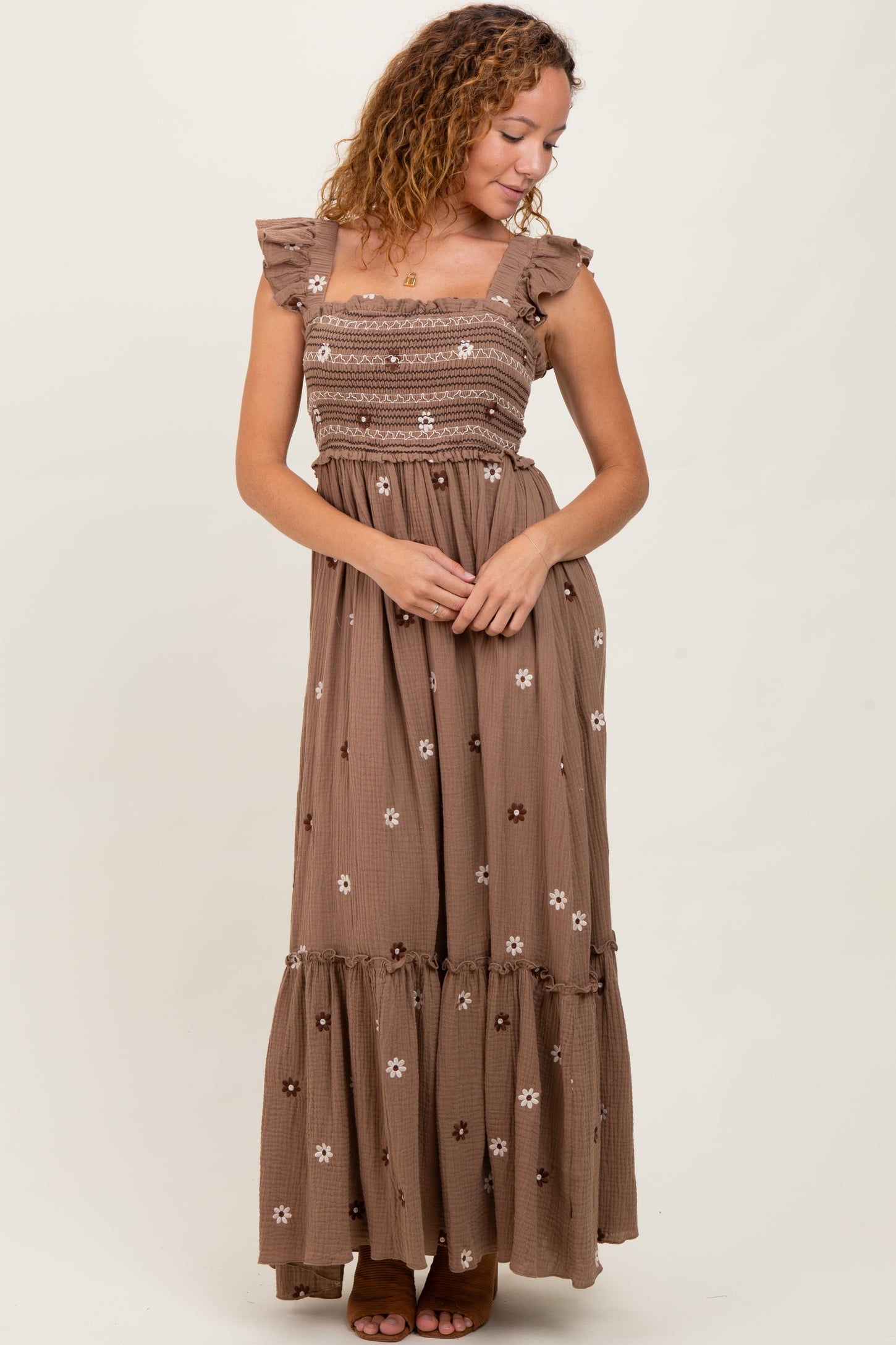 Mocha Floral Embroidered Smocked Maxi Dress