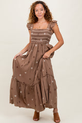 Mocha Floral Embroidered Smocked Maxi Dress