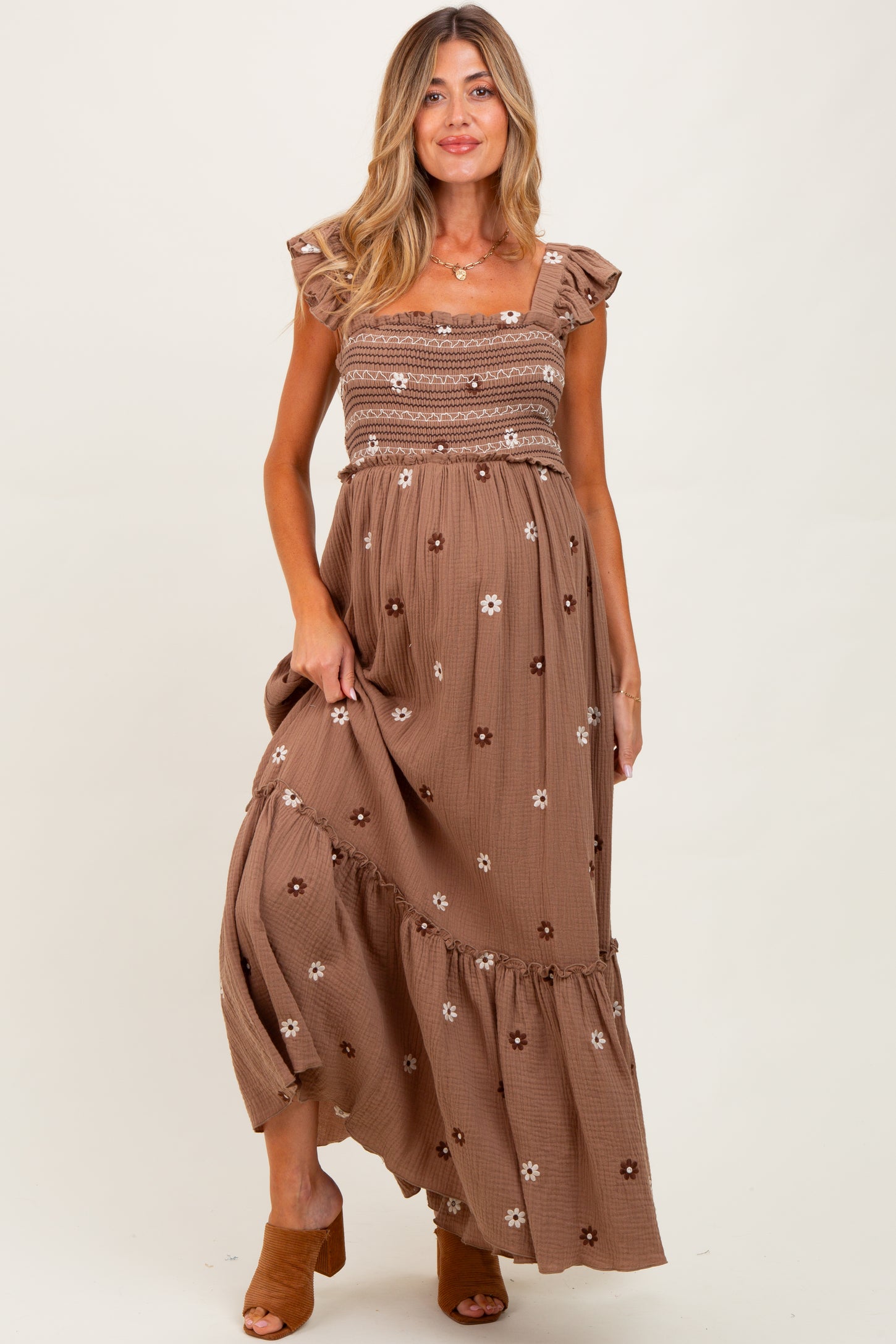 Mocha Floral Embroidered Smocked Maternity Maxi Dress