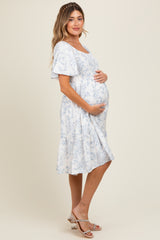 Cream Floral Smocked Flutter Sleeve Maternity Midi Dress