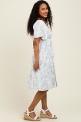 Cream Floral Smocked Flutter Sleeve Midi Dress