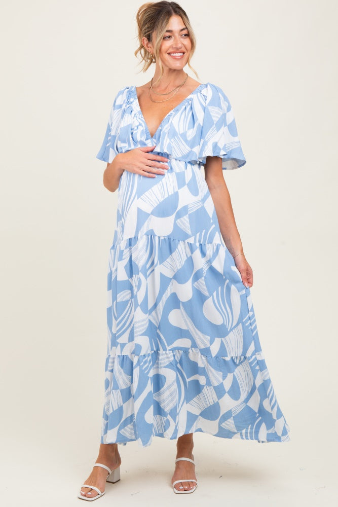 Blue Sleeveless Smocked Back Printed Maternity Maxi Dress