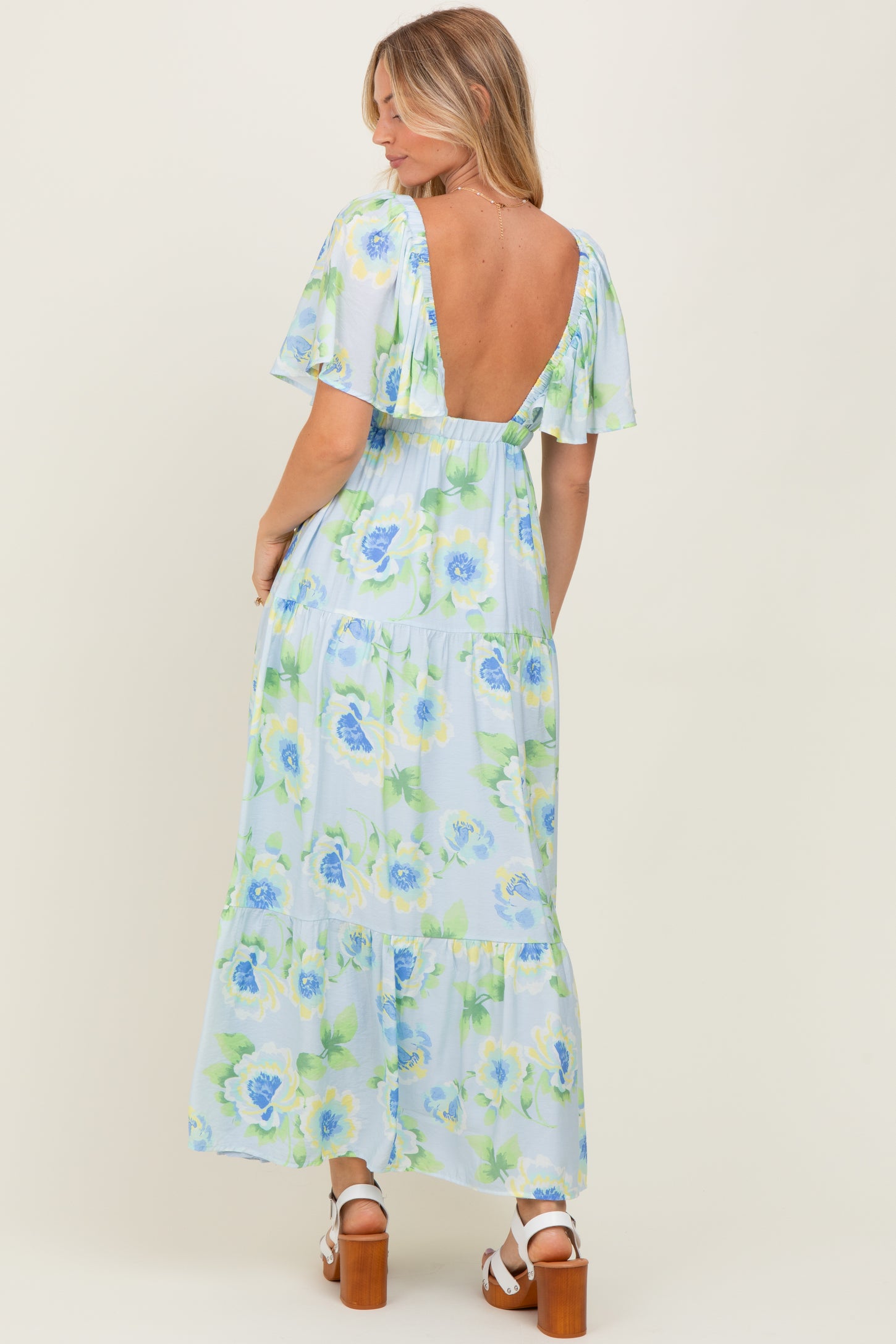 Sky Blue Floral Print Maxi Dress