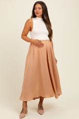 Beige Sleeveless Half Sweater And Satin Skirt Midi Maternity Dress